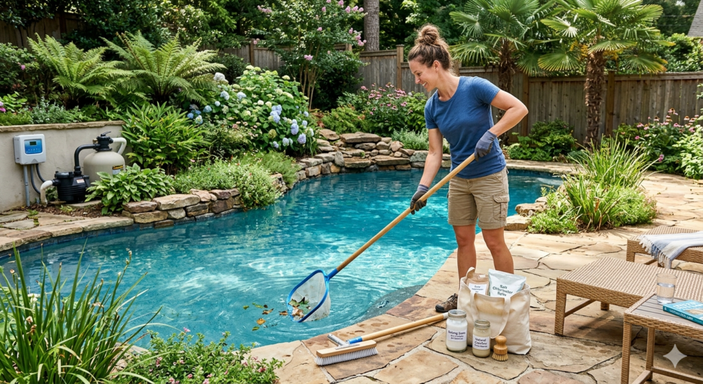 Eco-Friendly Pool Maintenance: Save Water, Energy & Money in 2026 | Affordable Pool Repair Eco-friendly pool with solar heating and water-saving features in New England