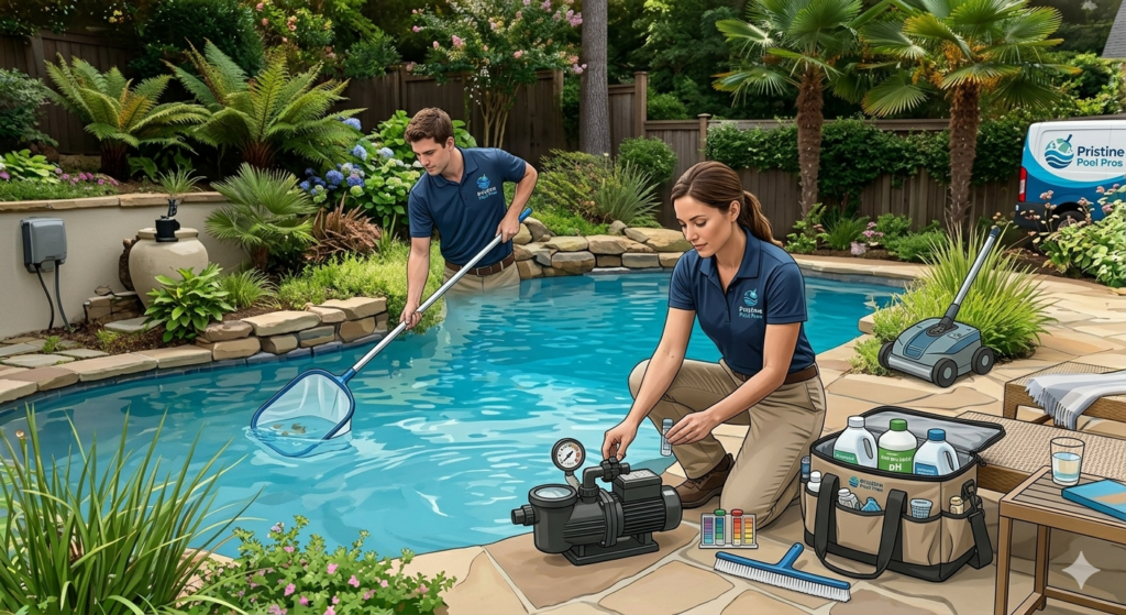 How Often Should You Clean Your Pool? (2026 Maintenance Guide) | Affordable Pool Repair Pool cleaning technician maintaining a residential pool – 2026 pool maintenance guide