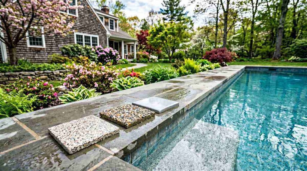 Quartz, pebble, and plaster pool finish samples on pool coping in New England