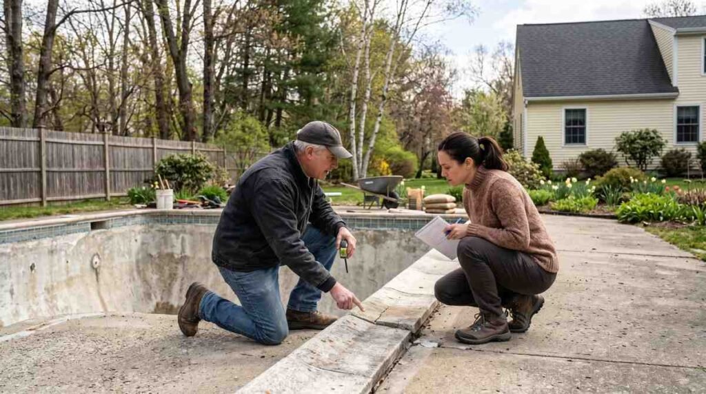 How to Choose a Pool Renovation Contractor in New Hampshire | Affordable Pool Repair Homeowner and contractor reviewing a pool renovation plan in a New Hampshire backyard