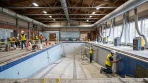 Renovated commercial swimming pool at a New England hotel with new tile and coping