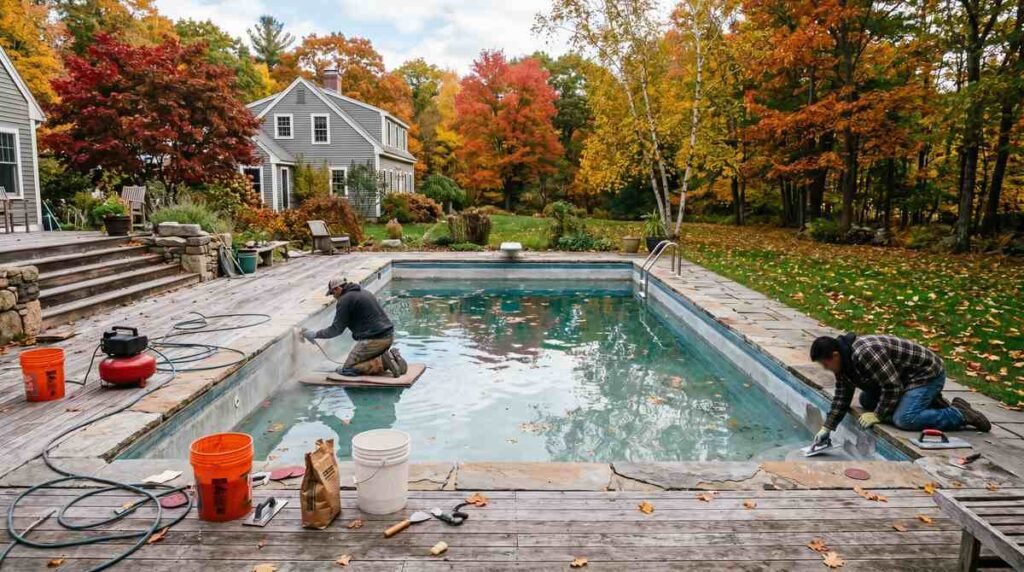 Why Fall Is the Best Time to Resurface Your Pool in New England | Affordable Pool Repair Pool resurfacing prep in fall in a New England backyard
