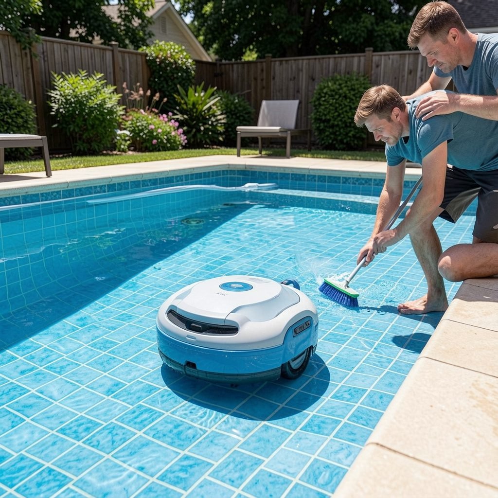 Robotic Pool Cleaners vs Manual Cleaning: Which is Better in 2026? | Affordable Pool Repair Robotic pool cleaner gliding along the bottom of a freshly resurfaced pool