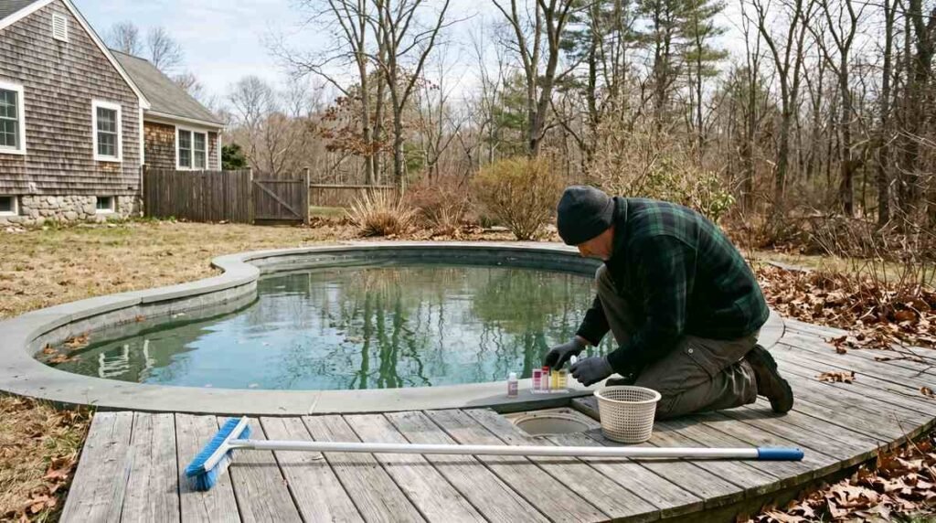 Homeowner testing gunite pool water during spring opening in New England