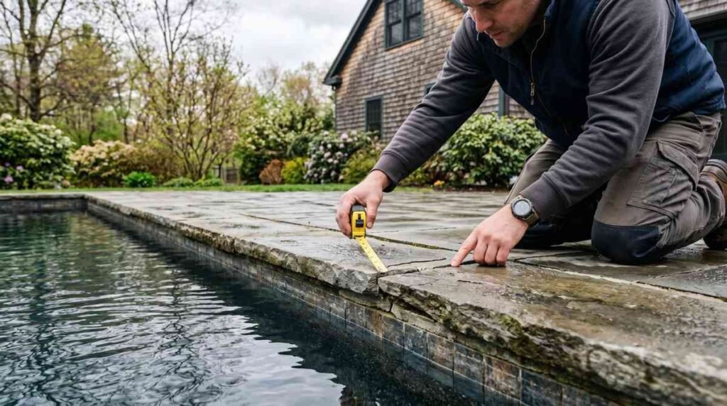 Pool technician measuring and inspecting cracked stone coping along a backyard pool in New England