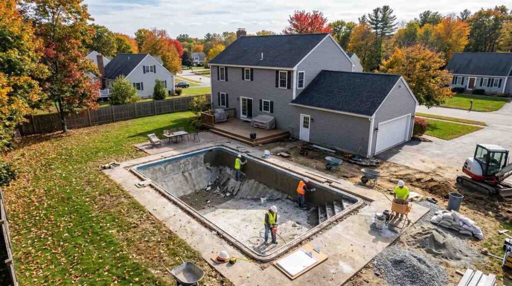 Pool renovation project in progress in a New Hampshire neighborhood with construction crew