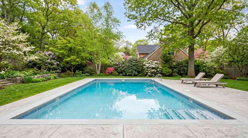 Renovated backyard swimming pool in New England with refreshed plaster and clean deck