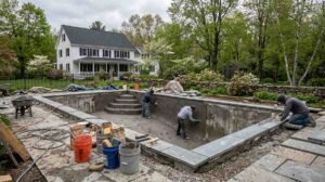 In-ground pool renovation in a New England backyard with crews resurfacing and replacing coping