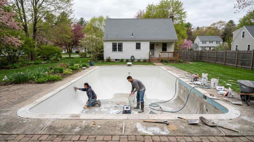 Technicians resurfacing an inground pool in a New England backyard