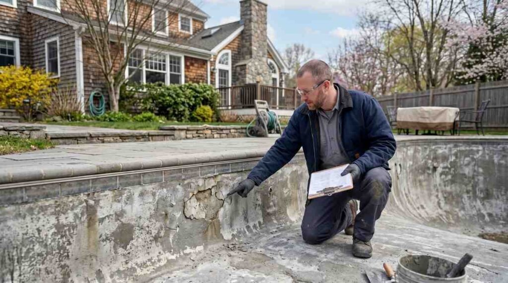 Pool technician inspecting a concrete pool surface before replastering in a New England backyard