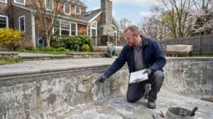 Pool technician inspecting a concrete pool surface before replastering in a New England backyard