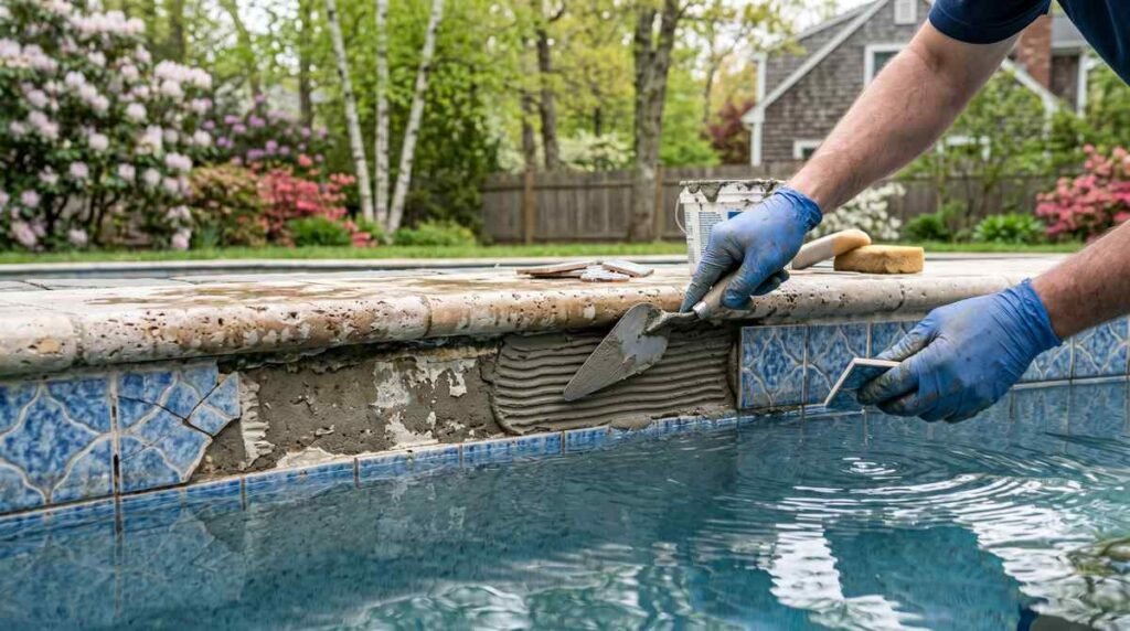 Technician repairing cracked pool waterline tile with mortar in a New England backyard