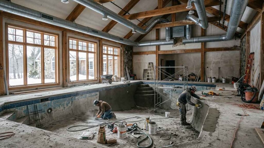Indoor Pool Renovation in New England: What to Know Before You Start | Affordable Pool Repair Indoor pool renovation in a New England home with resurfacing work in progress