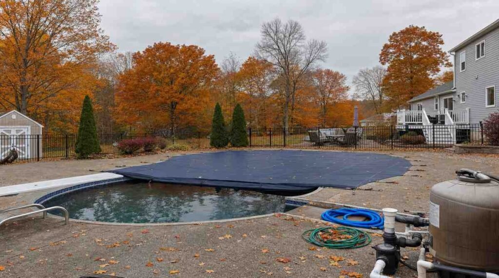How to Properly Close and Winterize Your Pool in New Hampshire | Affordable Pool Repair Installing a safety cover while winterizing an in-ground pool in New Hampshire