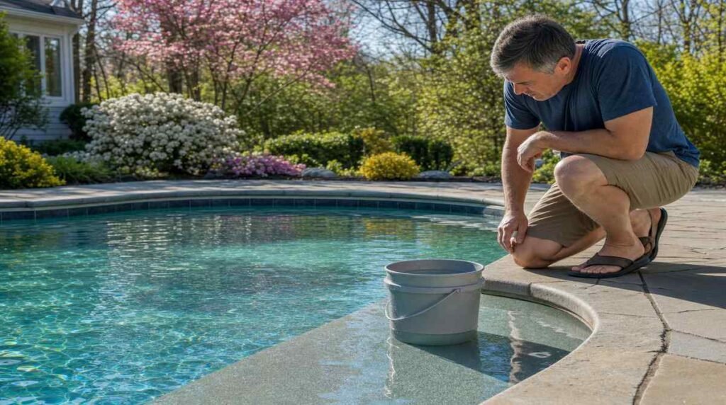 Homeowner performing a bucket test to compare pool evaporation vs a leak in a New England backyard pool
