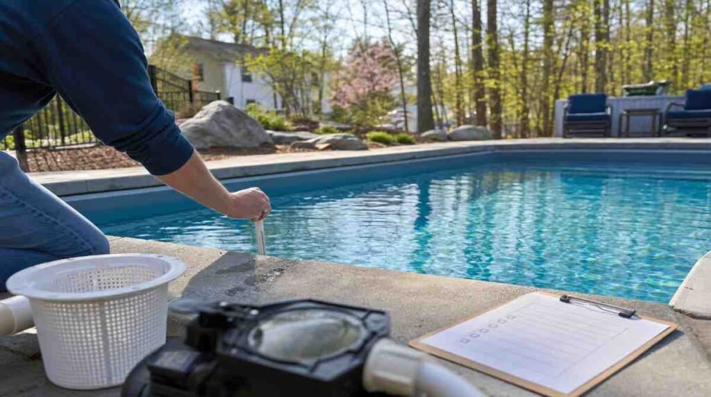 Spring pool opening checklist in New Hampshire with equipment startup