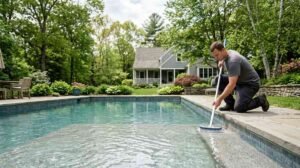 Pool technician inspecting rough pool plaster surface in a New England backyard pool