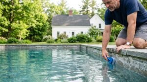 Homeowner brushing pool plaster at the waterline in a New England backyard pool
