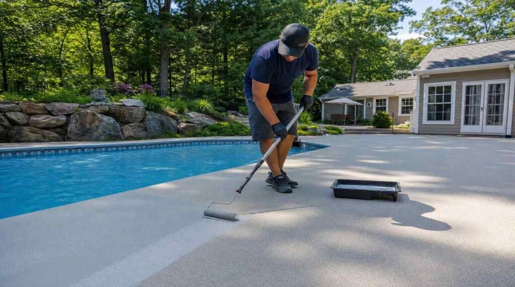 Technician applying a slip-resistant coating to a pool deck at a New England backyard pool
