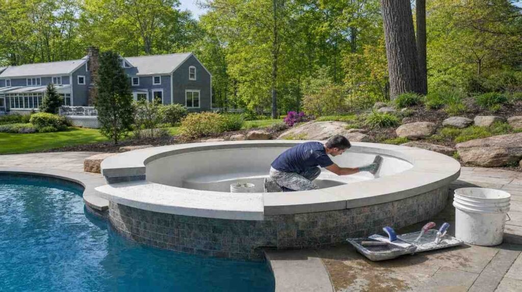 Technician resurfacing a built-in backyard spa in New England